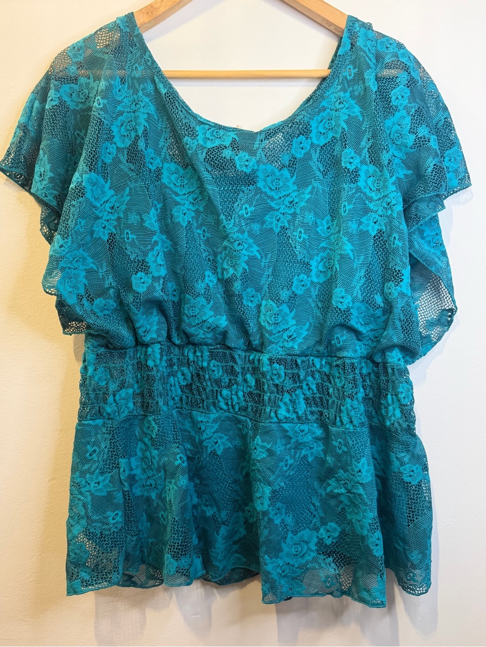 Vintage y2k Marianne Women’s Teal Lace Flutter Sleeve Peplum Top
